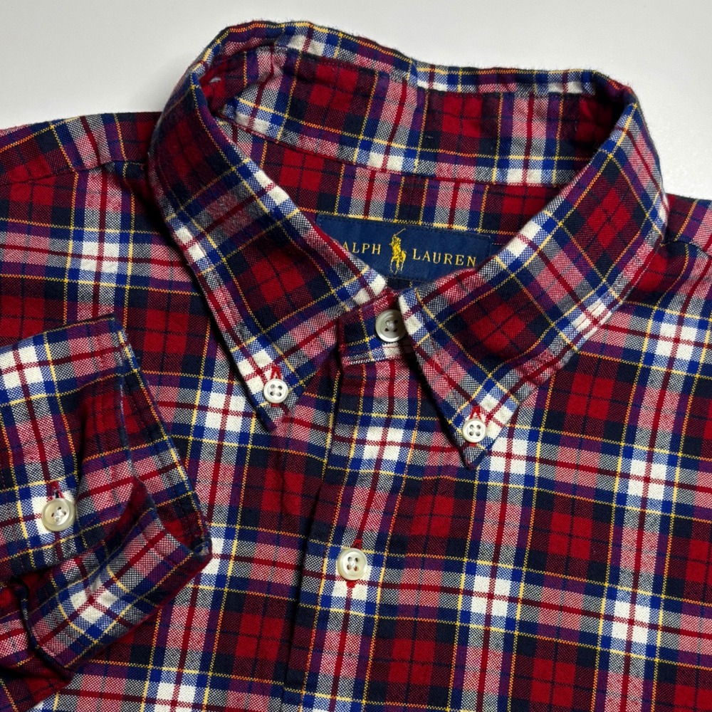 Ralph Lauren Red Navy Plaid Men's M Long Sleeve‎ Button Down Cotton Pony Logo